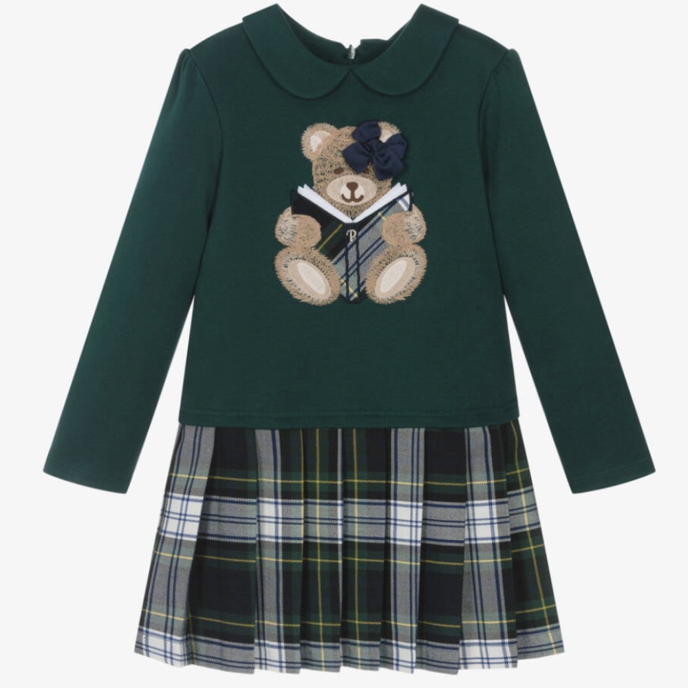 Patachou Girls Green Tartan Teddy Dress – Size 5Y | Peter Pan Collar